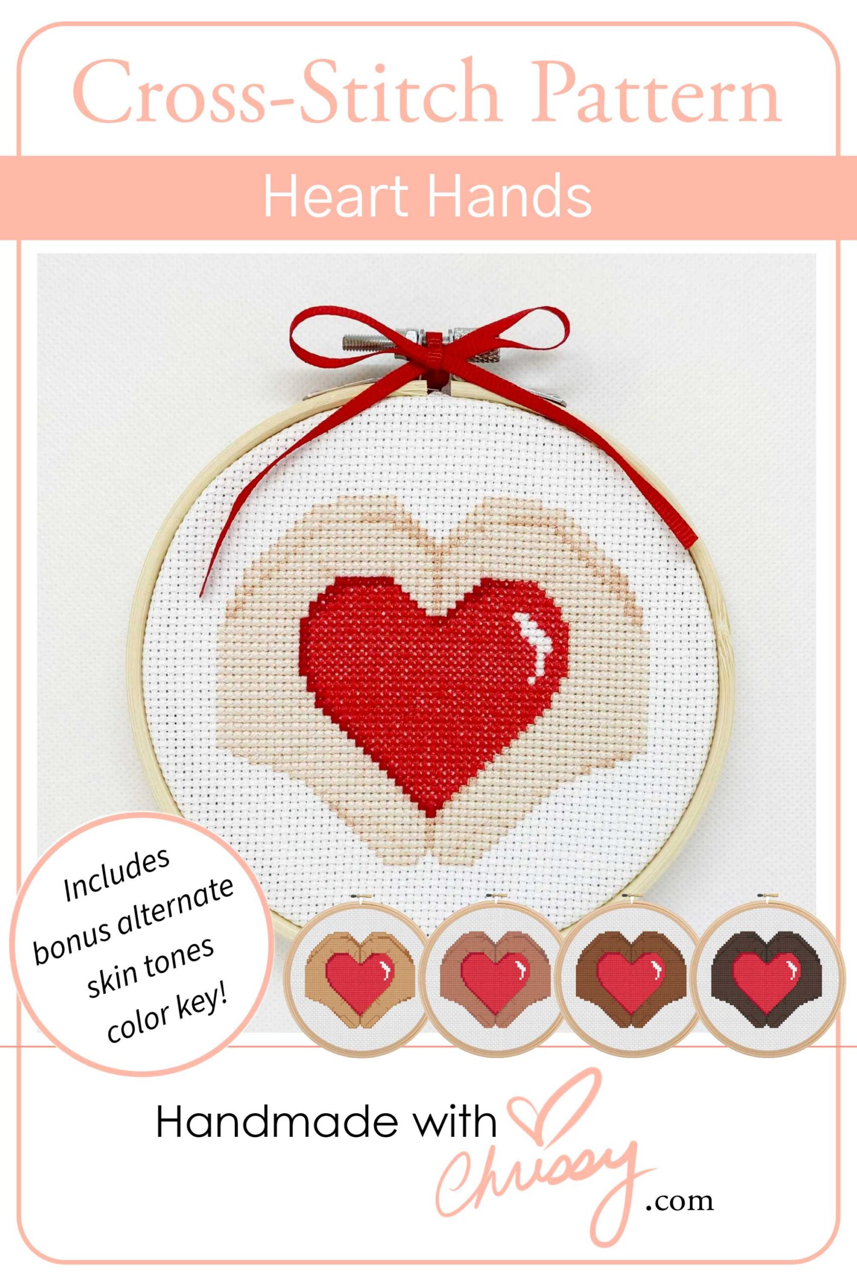 Heart Hands cross-stitch pattern by Chrissy Habblett, shown finished in a standard bamboo embroidery hoop, and in bonus alternate skin tone floss colors