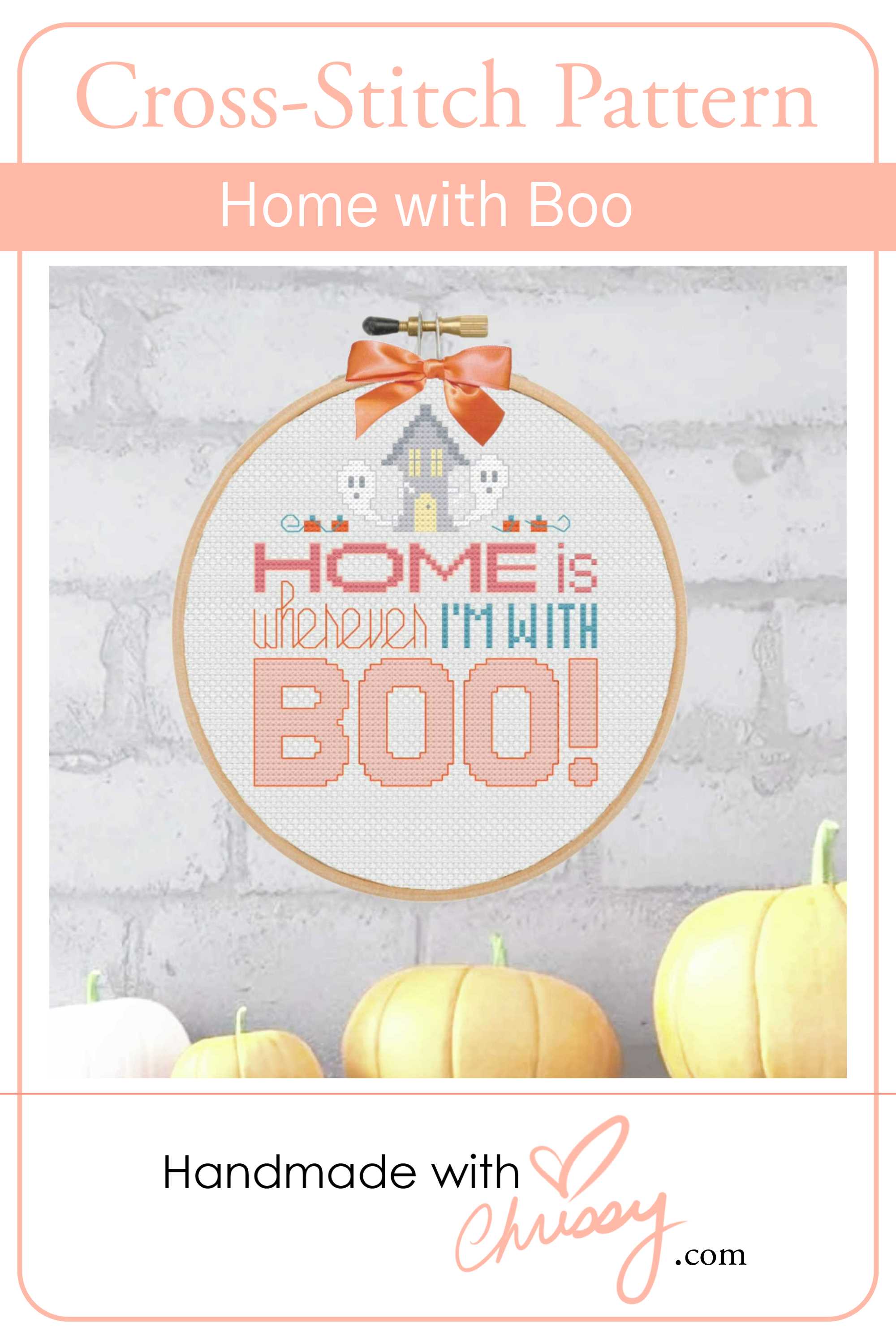 Pink Halloween Cross-Stitch pattern, Home with Boo, by Handmade with Chrissy, now with an alternate pink and orange color palette