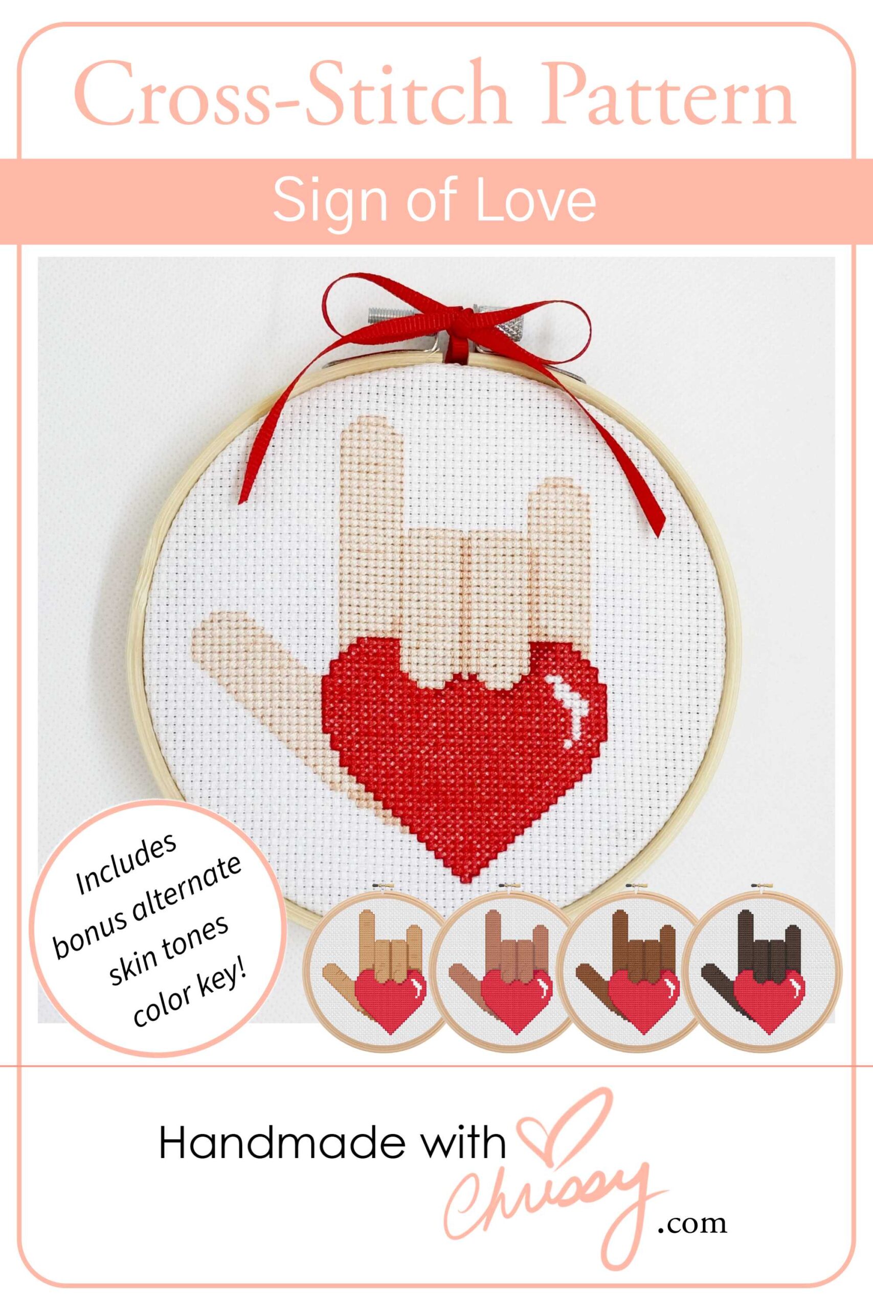 Sign of Love cross-stitch pattern by Chrissy Habblett, shown finished in standard bamboo embroidery hoop with bonus alternate skin tone colors