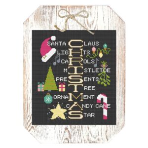 Christmas Cross-Stitch pattern, How do you spell Christmas, by Handmade with Chrissy finished on a white washed wood plaque.